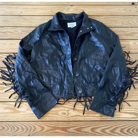 Jessica Simpson Fringed Faux Leather Jacket Size Large Women’s Black Button Up - Picture 1 of 9